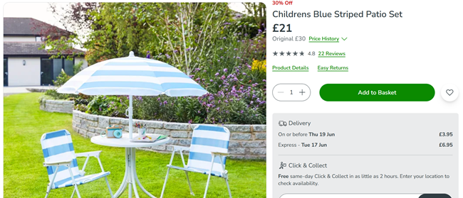 Screenshot showing Children's Blue Striped Patio Set for £21 at Dunelm