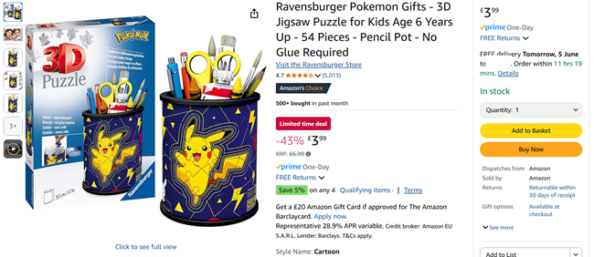 Screenshot showing Ravensburger Pokemon 3D Jigsaw Puzzle Pencil Pot for £3.99 at Amazon