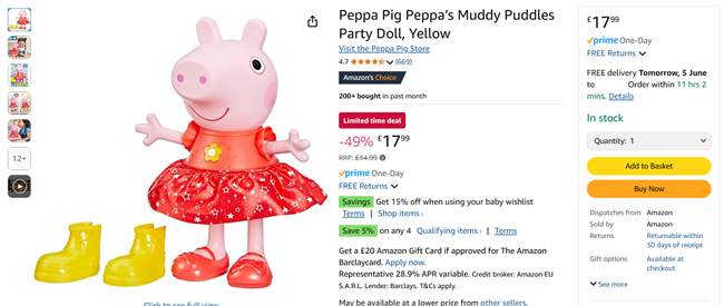 Screenshot showing Peppa Pig Peppa’s Muddy Puddles Party for £17.99 at Amazon
