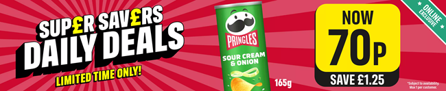 Screenshot showing Pringles Sour Cream & Onion 165g 70p offer at Iceland