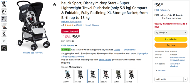 Screenshot showing Hauck Sport Disney Mickey Super Lightweight Pushchair for £56.95 at Amazon
