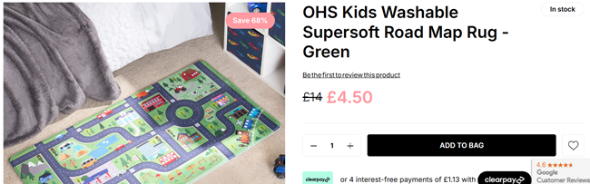 Screenshot showing OHS Kids Washable Supersoft Road Map Rug for £4.50 at Online Home Shop