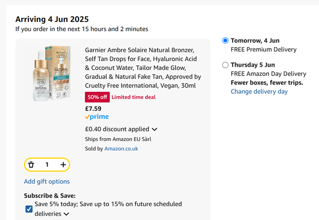 Screenshot showing Garnier Ambre Solaire Natural Bronzer, Self Tan Drops for Face for £7.59 at Amazon