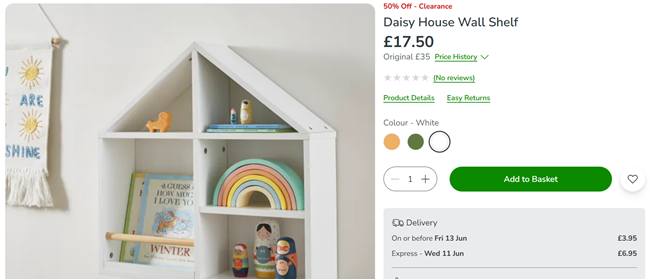 Screenshot showing Daisy House Wall Shelf now £17.50 at Dunelm