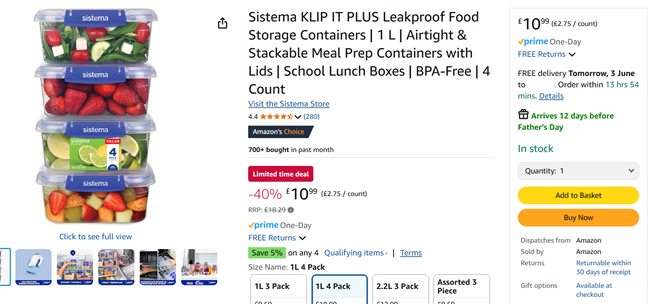 Screenshot showing Sistema KLIP IT PLUS Leakproof Food Storage Containers 1L 4 Pack for £10.99 at Amazon