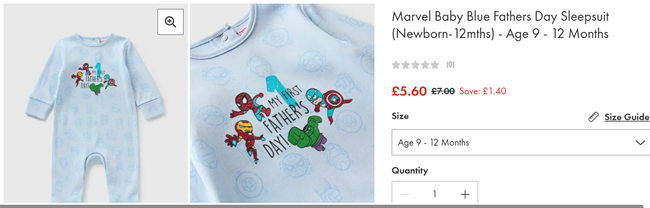 Screenshot showing Marvel Baby Blue My 1st Fathers Day Sleepsuit now £5.60 at Matalan