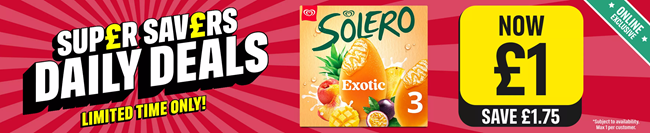 Screenshot showing Daily Deal: Solero Ice Cream Sticks Exotic 3x 90 ml £1 offer at Iceland
