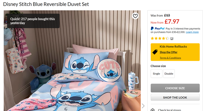 Screenshot showing Disney Stitch Reversible Duvet Set from £7.97 at Asda George
