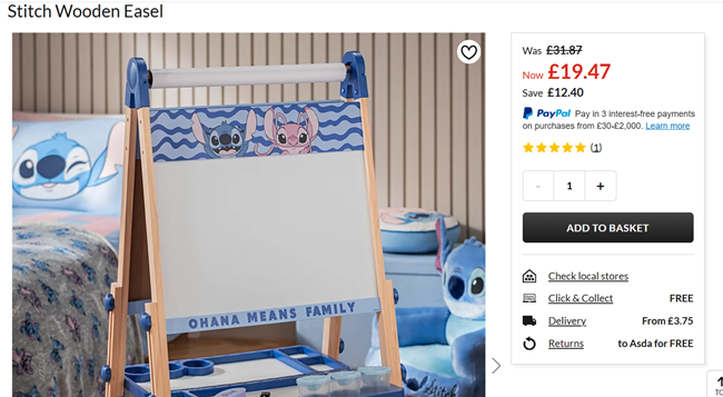 Screenshot showing Stitch Wooden Easel for £19.47 at Asda George