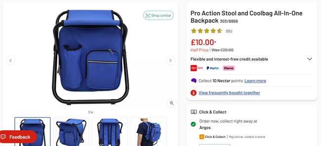 Screenshot showing Pro Action Stool and Coolbag All-In-One Backpack for £10 at Argos