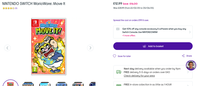 Screenshot showing WarioWare: Move It! Nintendo Switch Game for £12.99 at Currys