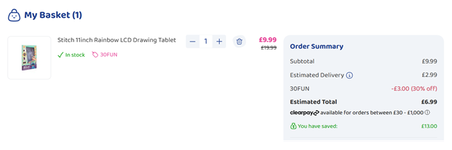 Screenshot showing Disney Stitch 11 inch Rainbow LCD Drawing Tablet for £6.99 with code at Bargain Max