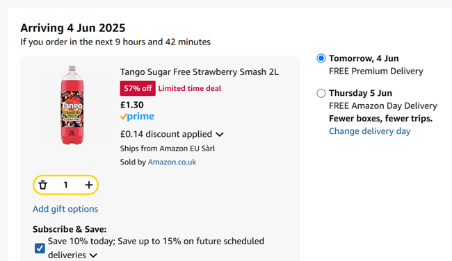Screenshot showing Tango Sugar Free Strawberry Smash 2L for £1.30 at Amazon