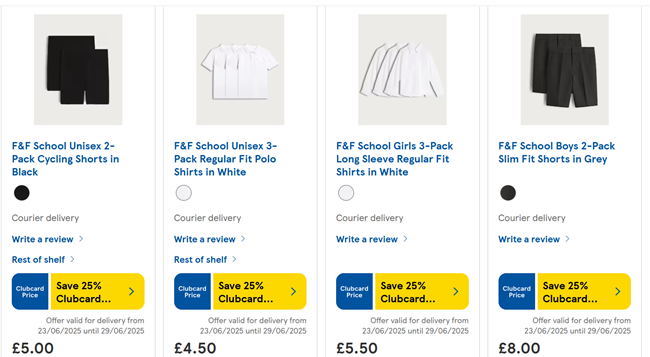 Screenshot showing 25% Off F&F Clothing at Tesco with Clubcard