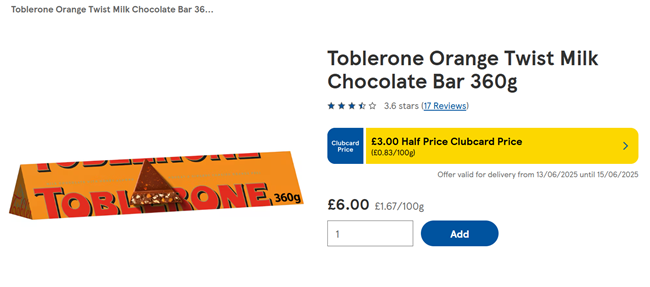 Screenshot showing Toblerone 360g for £3 at Tesco