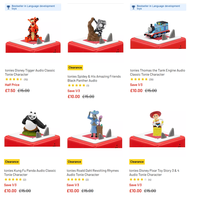 Screenshot showing reduced Tonies Characters at Argos