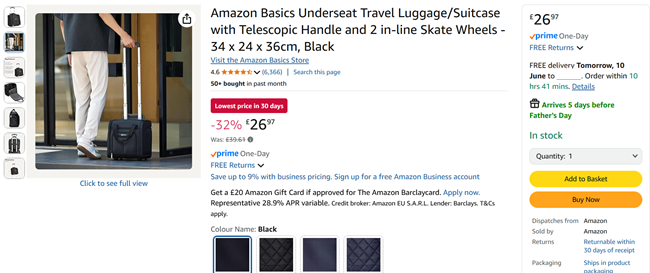 Screenshot showing Amazon Basics Underseat Travel Luggage for £26.97 at Amazon