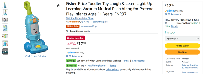 Screenshot showing Fisher-Price Laugh & Learn Light-Up Learning Vacuum for £12.99 at Amazon