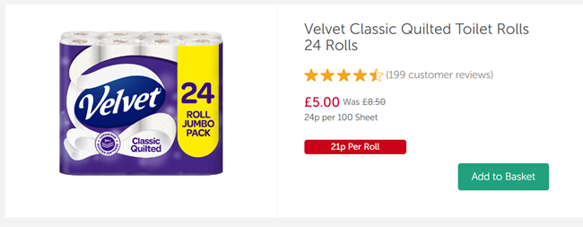 Screenshot showing Velvet Classic Quilted Toilet Rolls 24 Rolls for £5 online at Iceland