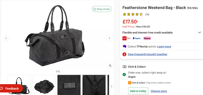 Screenshot showing Featherstone Weekend Bag Black for £17.50 at Argos