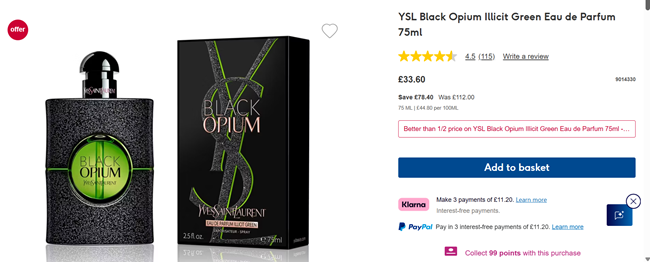 Screenshot showing YSL Black Opium Illicit Green Eau de Parfum 75ml for £33.60 at Boots
