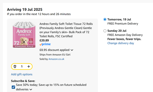 Screenshot showing Andrex Family Soft Toilet Tissue 72 Rolls for £20.89 at Amazon