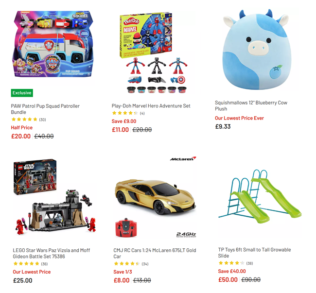 Screenshot showing toy sale at Argos