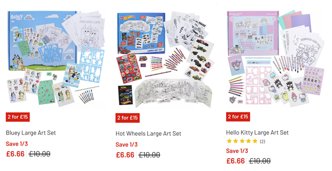 Screenshot showing Bluey / Hot Wheels / Hello Kitty Large Art Sets for £6.66 at Argos