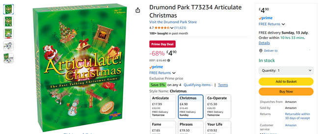 Screenshot showing Articulate Christmas Board Game for £4.90 at Amazon