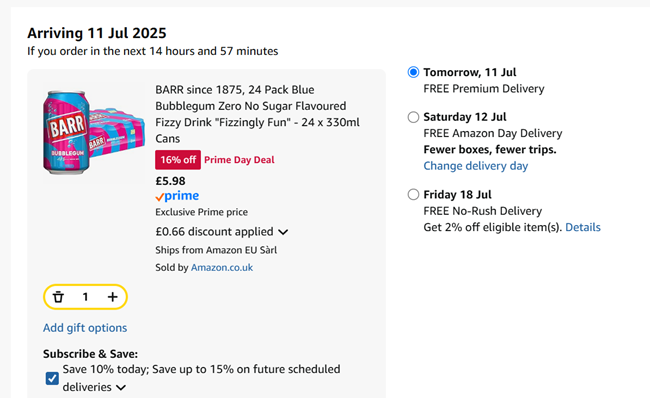 Screenshot showing BARR Bubblegum 24 x 330ml Cans for £5.98 at Amazon