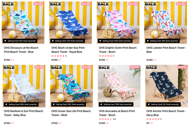 Screenshot showing Beach Towels for £2 at Online Home Shop