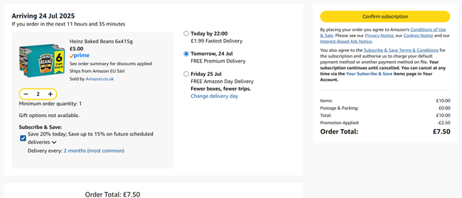 Screenshot showing Heinz Baked Beans 12 x 415g for £7.50 at Amazon