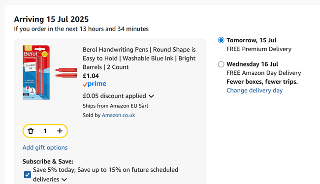 Screenshot showing Berol Handwriting Pens Pack Of 2 for £1.04 at Amazon