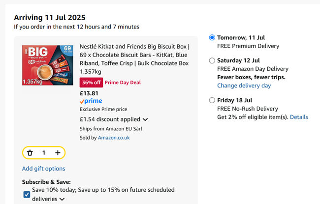 Screenshot showing Nestlé Big Biscuit Box 69 Chocolate Biscuit Bars for £13.81 at Amazon