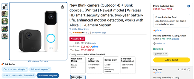 Screenshot showing New Blink camera (Outdoor 4) + Blink doorbell (White) for £33.99 at Amazon