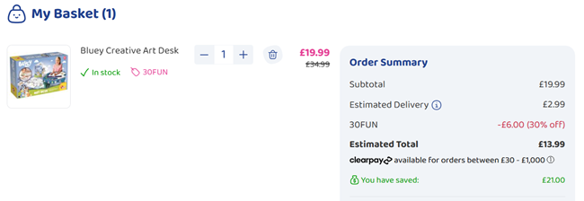 Screenshot showing Bluey Creative Art Desk for £13.99 with code at Bargain Max