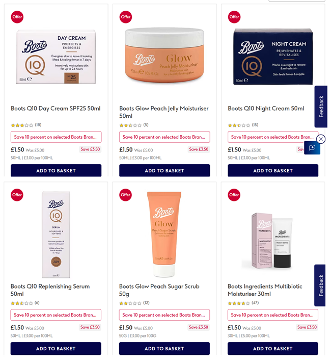Screenshot showing 70% Off Selected Boots Skincare + Extra 10% Off With Advantage Card offer at Boots