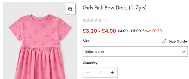 Screenshot showing Girls Pink Bow Dress now from £3.20 at Matalan