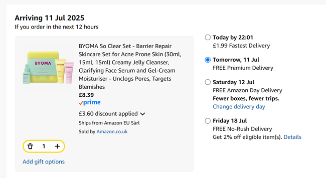 Screenshot showing BYOMA So Clear Set Clarifying Starter Kit for £8.39 at Amazon