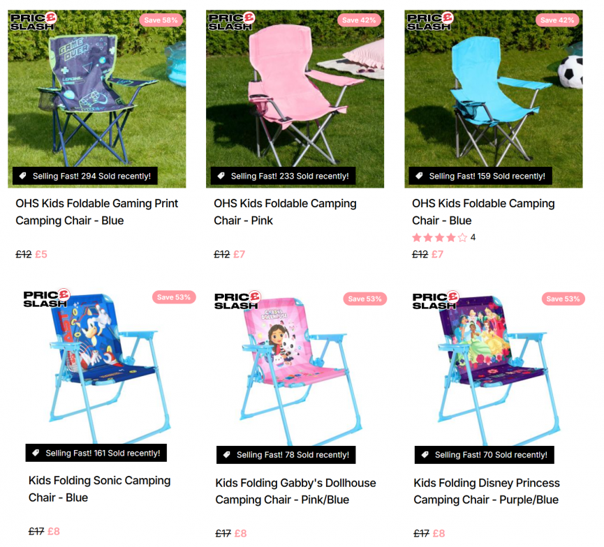 Screenshot showing Kids Folding Camping Chairs at Online Home Shop