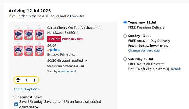 Screenshot showing Carex Cherry On Top Antibacterial Handwash 6x250ml for £4.84 at Amazon