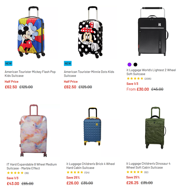 Screenshot showing reduced luggage at Argos