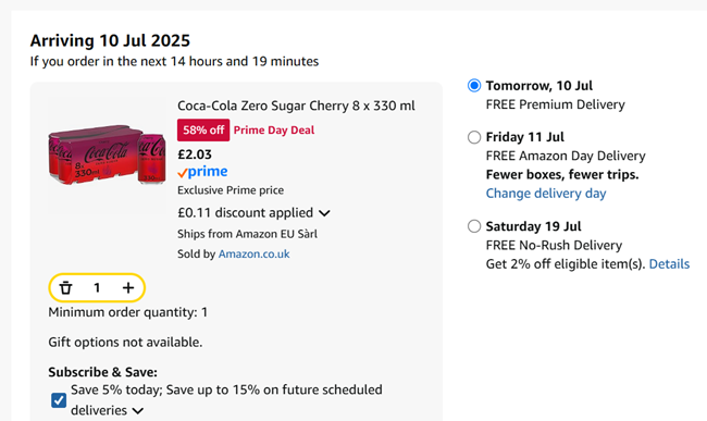 Screenshot showing Coca-Cola Zero Sugar Cherry 8 x 330 ml for £2.03 at Amazon