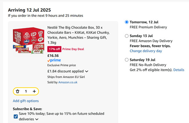 Screenshot showing Nestlé The Big 30 Chocolate Bar Box for £16.56 at Amazon