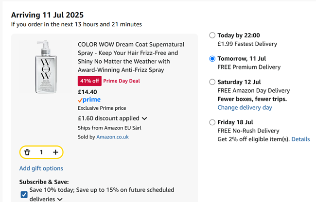 Screenshot showing Color Wow Dream Coat Supernatural Spray 200ml for £14.40 at Amazon