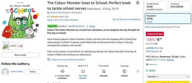Screenshot showing The Colour Monster Goes to School Book for £4.99 at Amazon