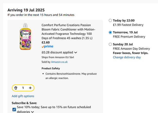Screenshot showing Comfort Perfume Creations Passion Bloom Fabric Conditioner 45 washes (1.35 L) for £2.60 at Amazon