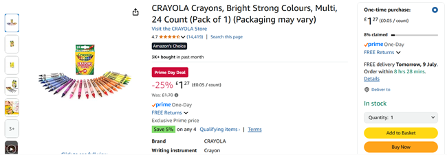 Screenshot showing Crayola 24 Assorted Colouring Crayons for £1.27 at Amazon