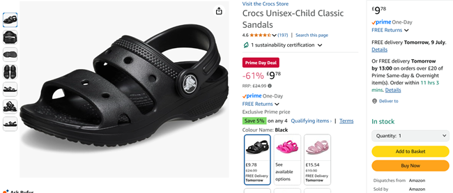 Screenshot showing reduced Crocs sandals at Amazon