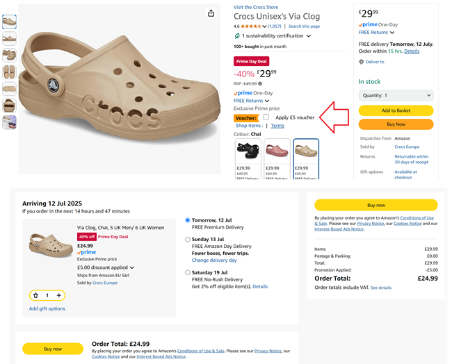 Screenshot showing Crocs Unisex Via Clog £24.99 at Amazon / Crocs Europe